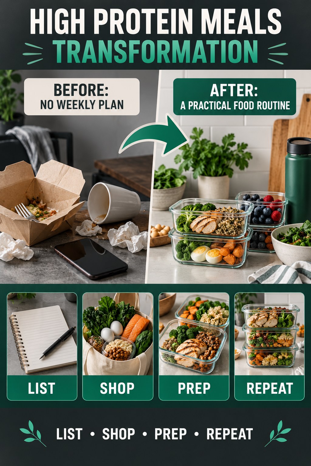 High Protein Meals habit transformation graphic comparing no weekly plan with a practical food routine using four practical steps.