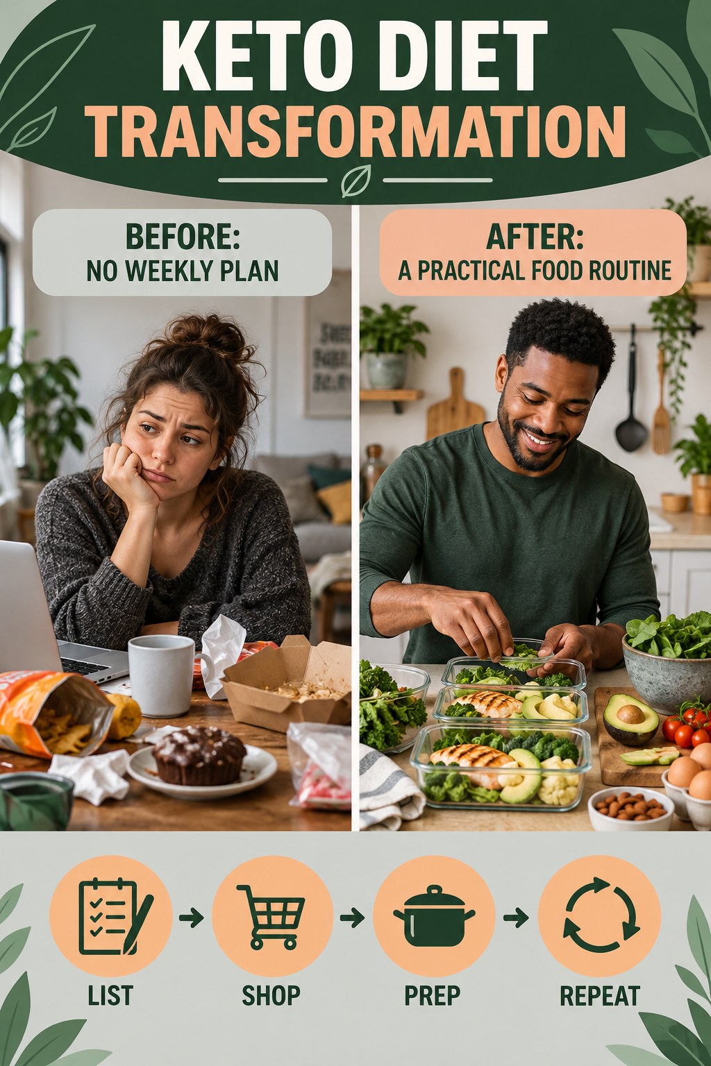 Keto Diet habit transformation graphic comparing no weekly plan with a practical food routine using four practical steps.