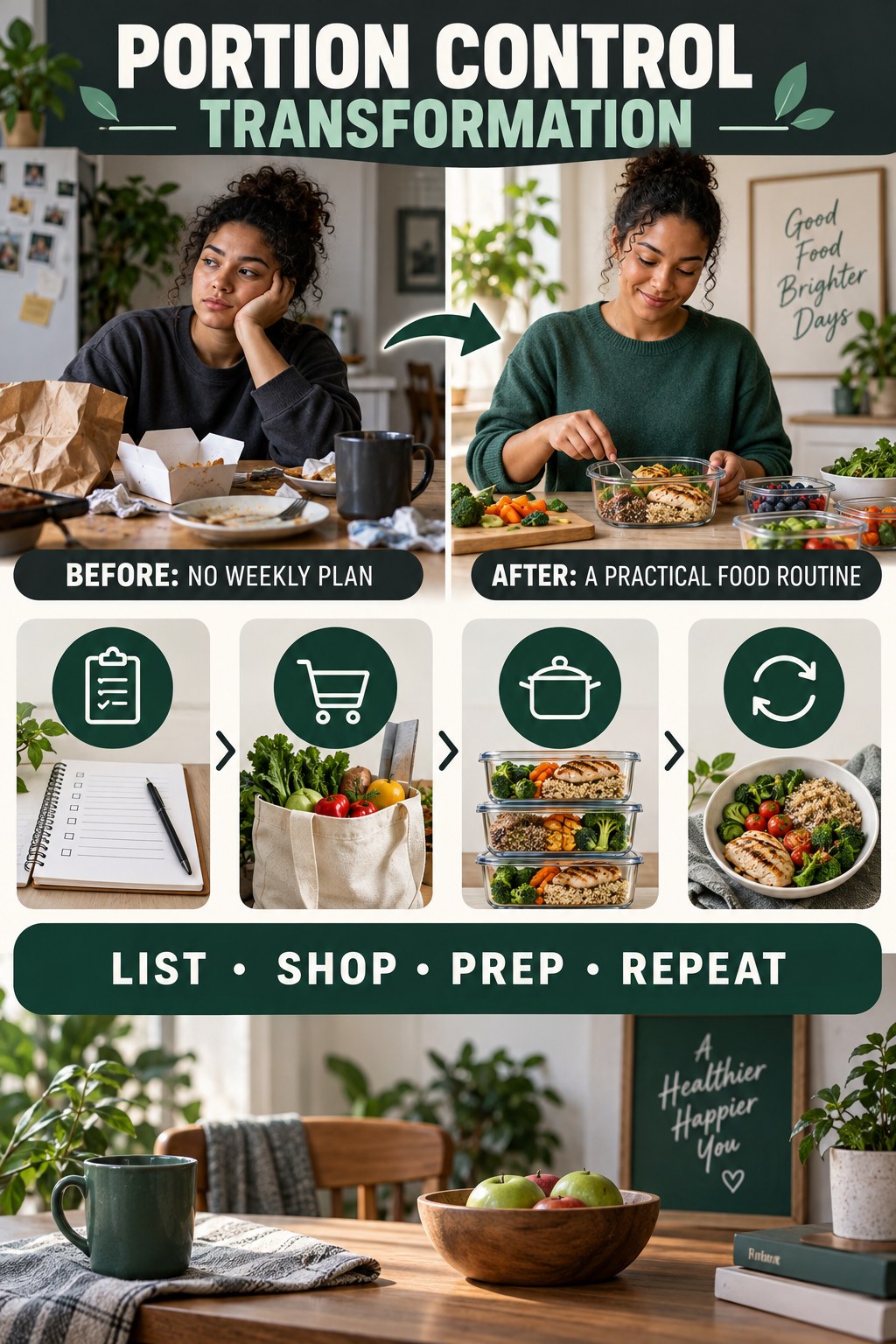 Portion Control habit transformation graphic comparing no weekly plan with a practical food routine using four practical steps.