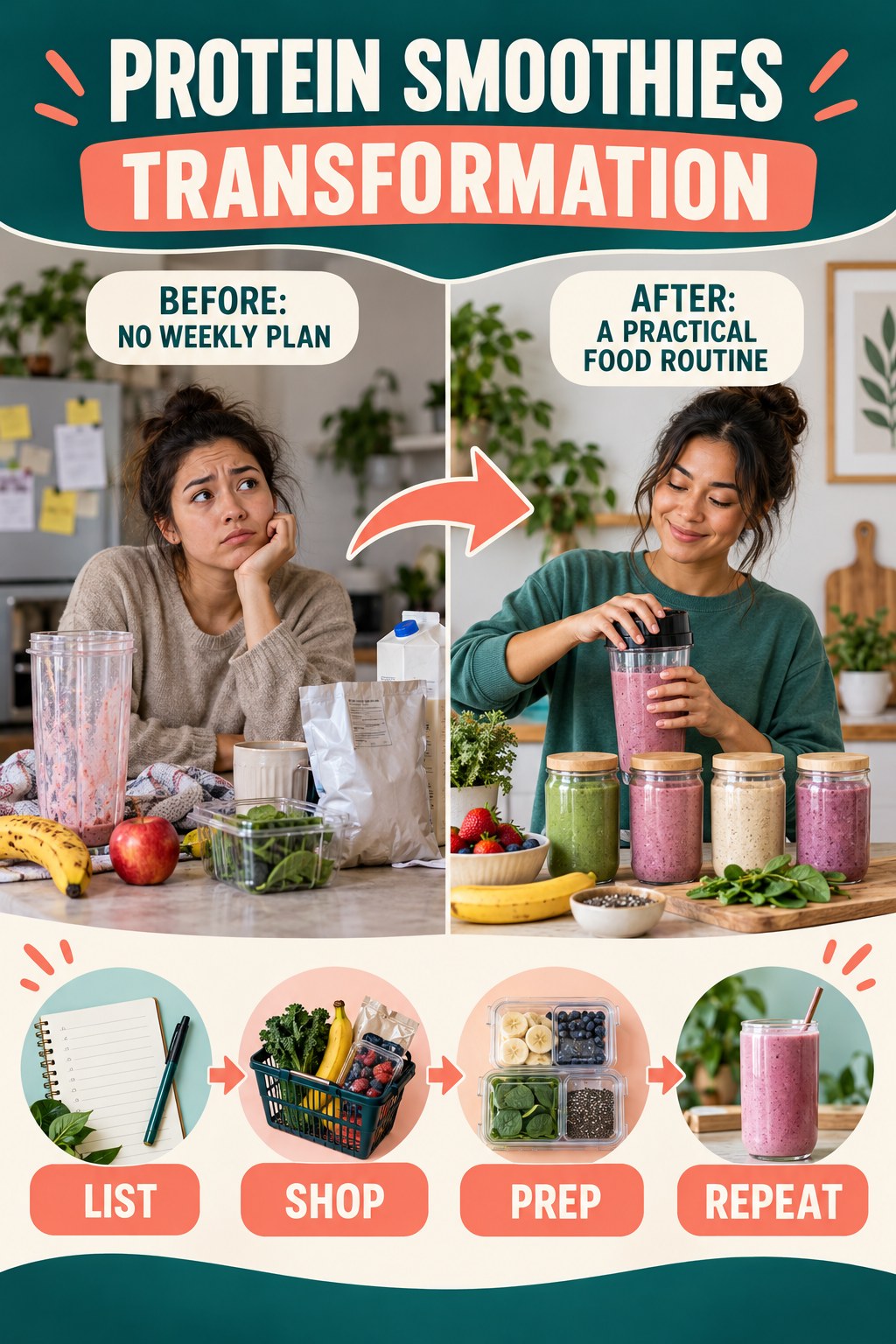 Protein Smoothies habit transformation graphic comparing no weekly plan with a practical food routine using four practical steps.