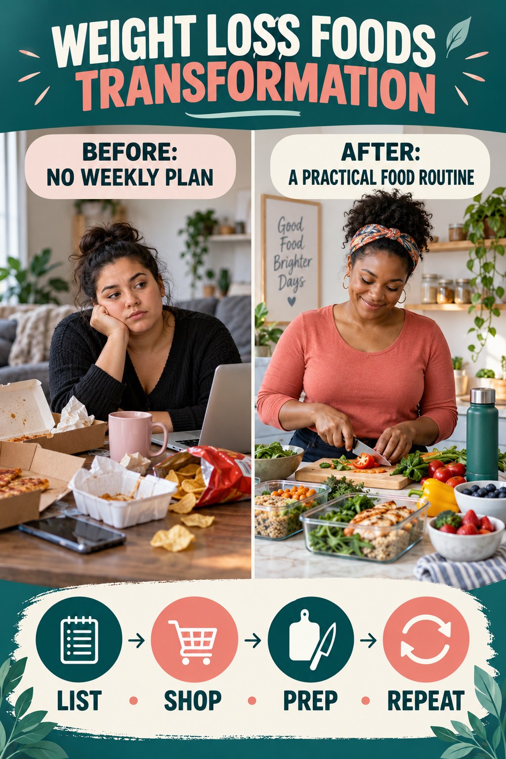 Weight Loss Foods habit transformation graphic comparing no weekly plan with a practical food routine using four practical steps.