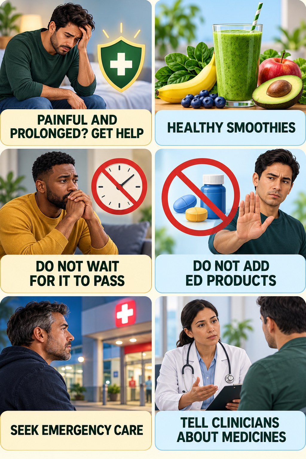 A Prolonged Painful Erection Is an Emergency infographic for Healthy Smoothies with four concise, non-shaming sexual-health education points.