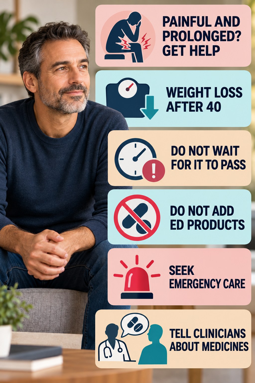A Prolonged Painful Erection Is an Emergency infographic for Weight Loss After 40 with four concise, non-shaming sexual-health education points.