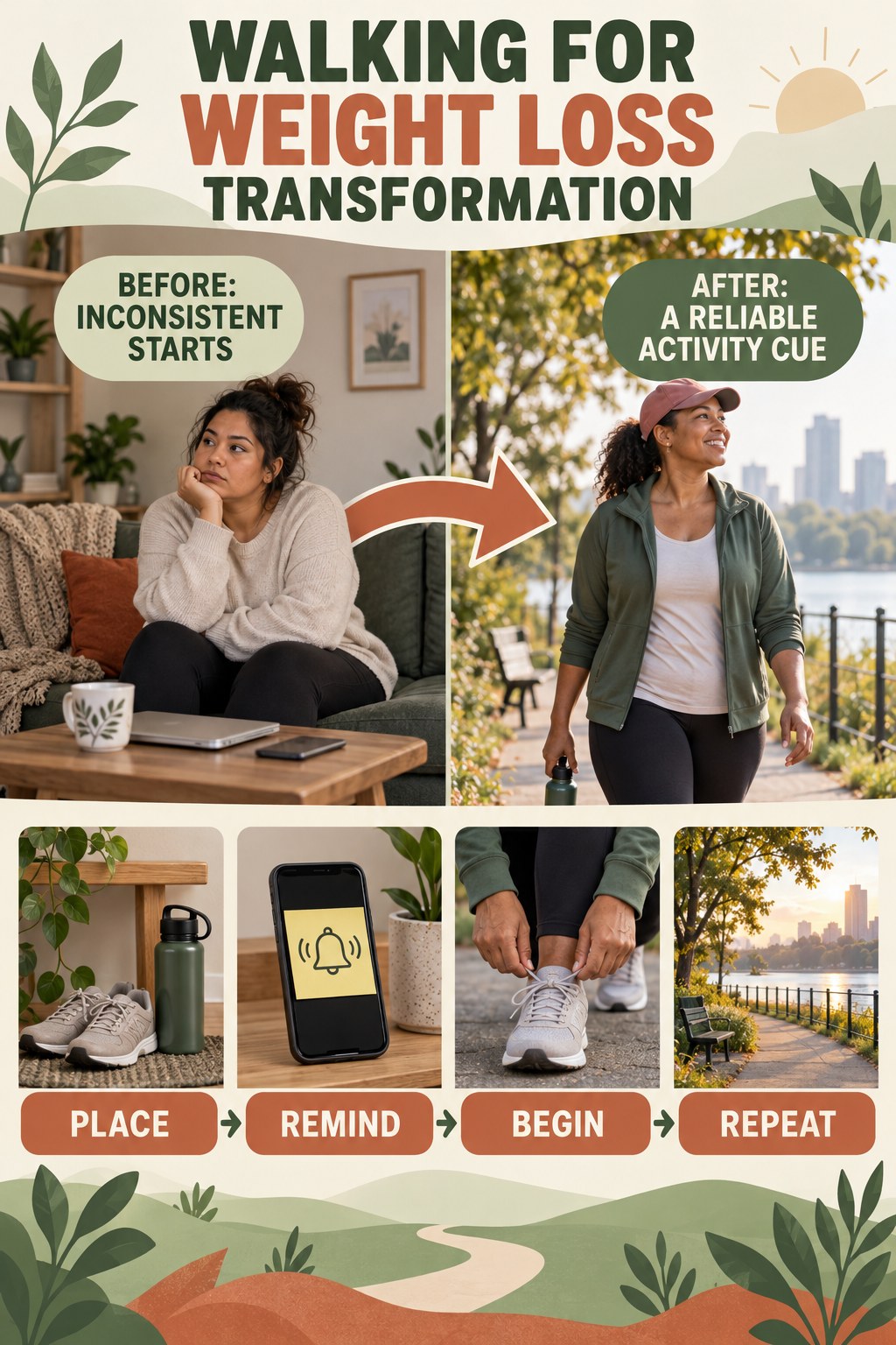 Walking for Weight Loss habit transformation graphic comparing inconsistent starts with a reliable activity cue using four practical steps.