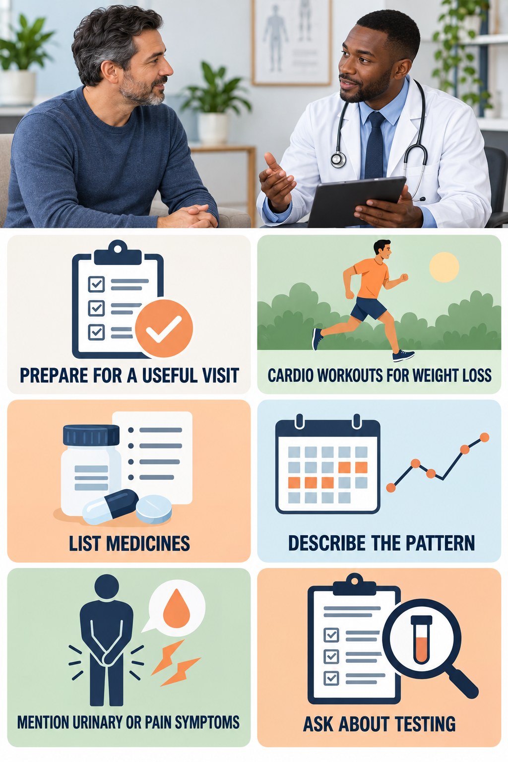 A Sexual Health Visit Can Cover More Than One Concern infographic for Cardio Workouts for Weight Loss with four concise, non-shaming sexual-health education points.