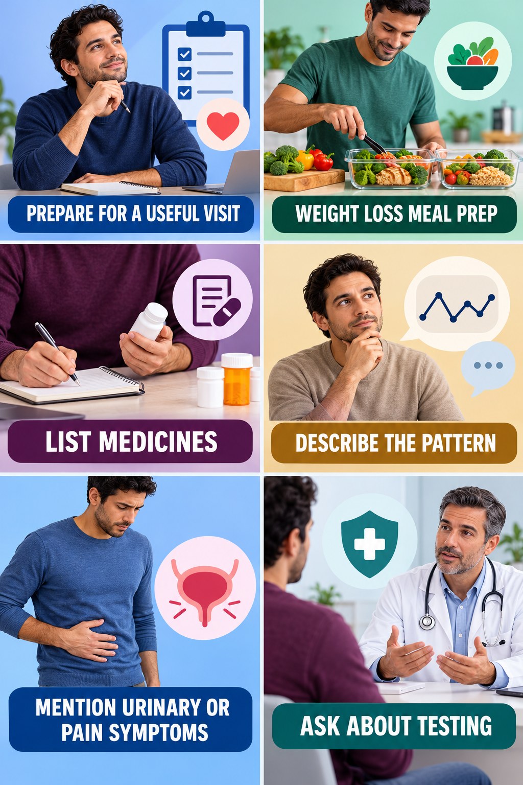 A Sexual Health Visit Can Cover More Than One Concern infographic for Weight Loss Meal Prep with four concise, non-shaming sexual-health education points.