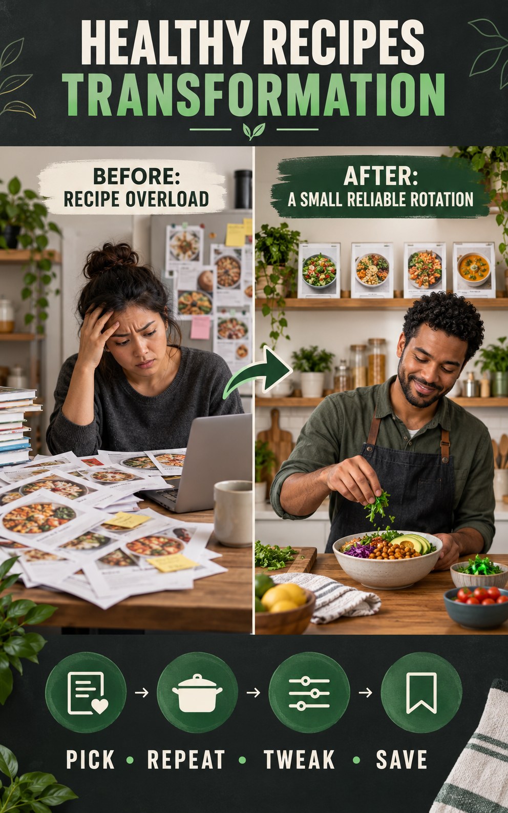 Healthy Recipes habit transformation graphic comparing recipe overload with a small reliable rotation using four practical steps.