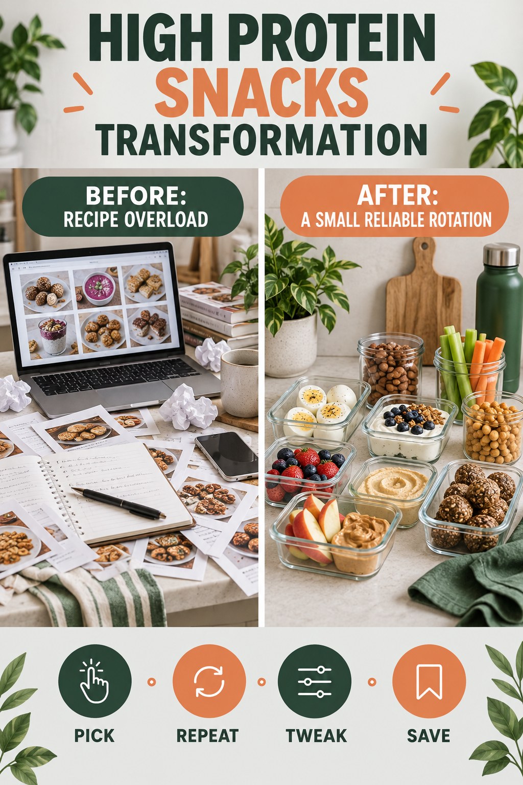 High Protein Snacks habit transformation graphic comparing recipe overload with a small reliable rotation using four practical steps.