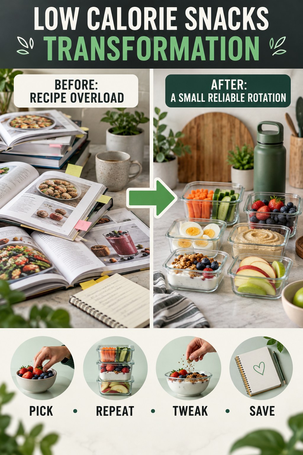Low Calorie Snacks habit transformation graphic comparing recipe overload with a small reliable rotation using four practical steps.
