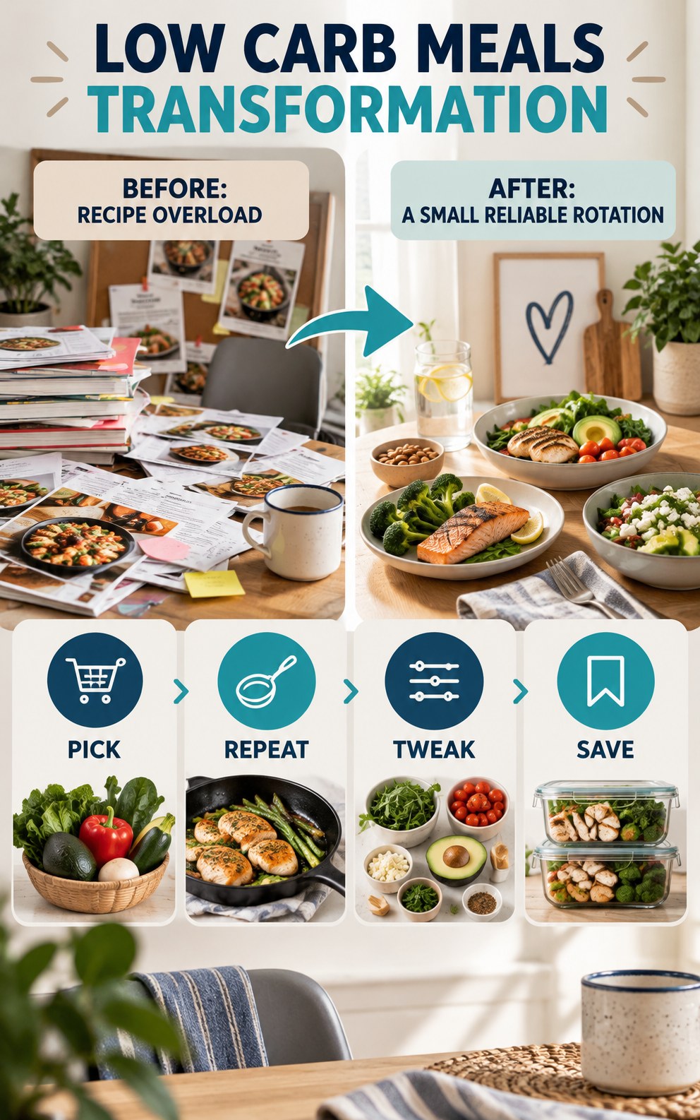 Low Carb Meals habit transformation graphic comparing recipe overload with a small reliable rotation using four practical steps.