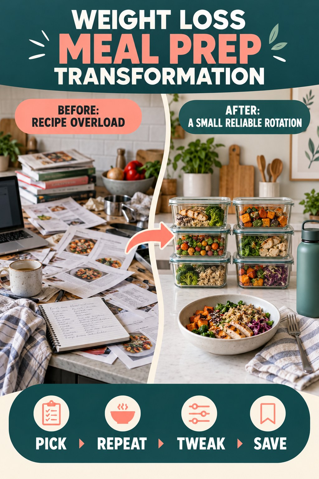 Weight Loss Meal Prep habit transformation graphic comparing recipe overload with a small reliable rotation using four practical steps.