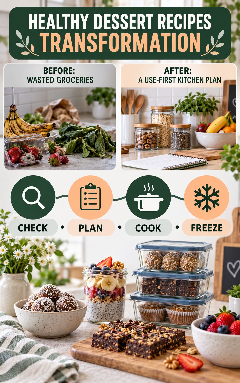 Healthy Dessert Recipes habit transformation graphic comparing wasted groceries with a use-first kitchen plan using four practical steps.