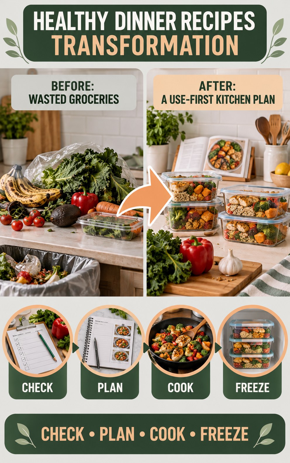 Healthy Dinner Recipes habit transformation graphic comparing wasted groceries with a use-first kitchen plan using four practical steps.