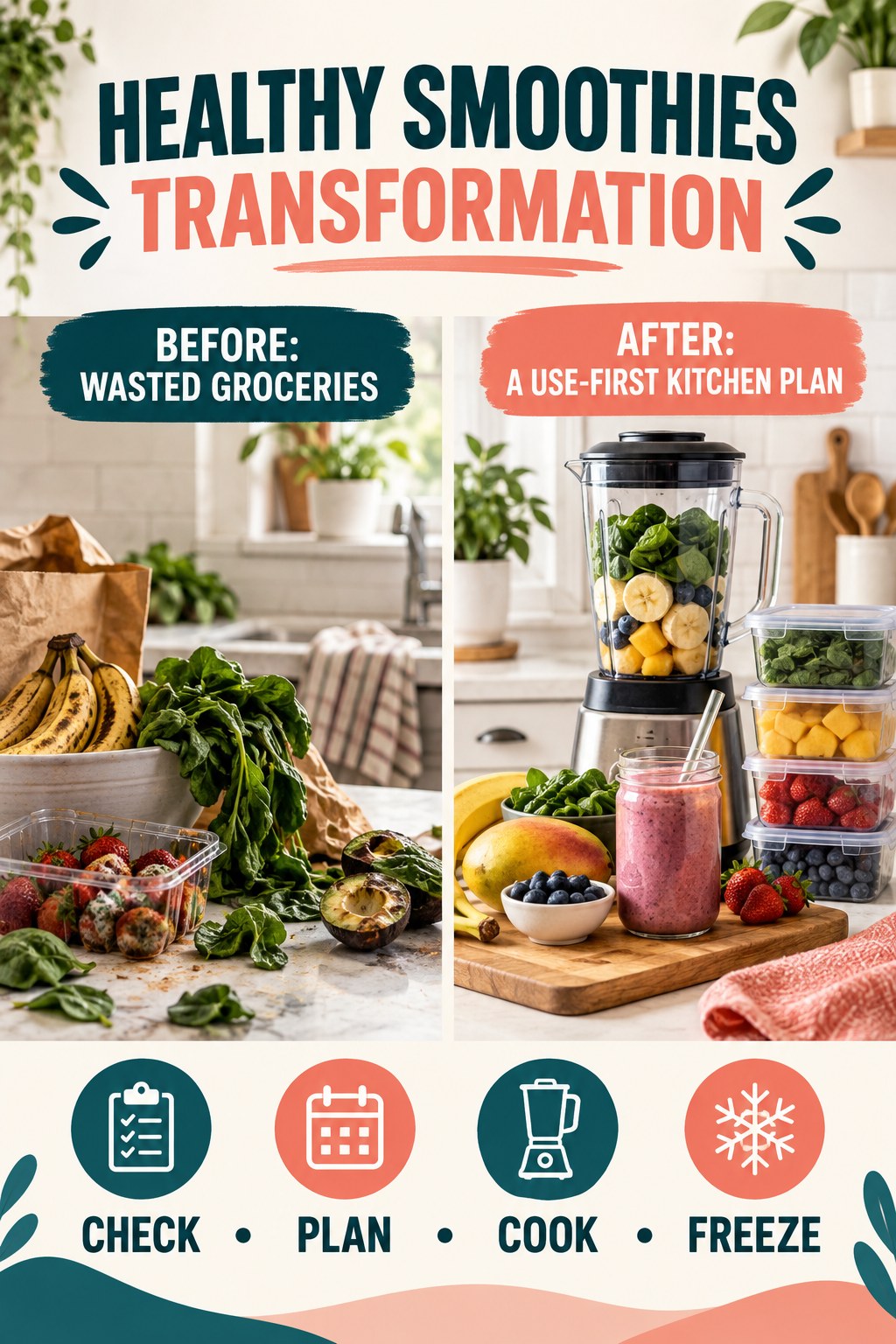 Healthy Smoothies habit transformation graphic comparing wasted groceries with a use-first kitchen plan using four practical steps.