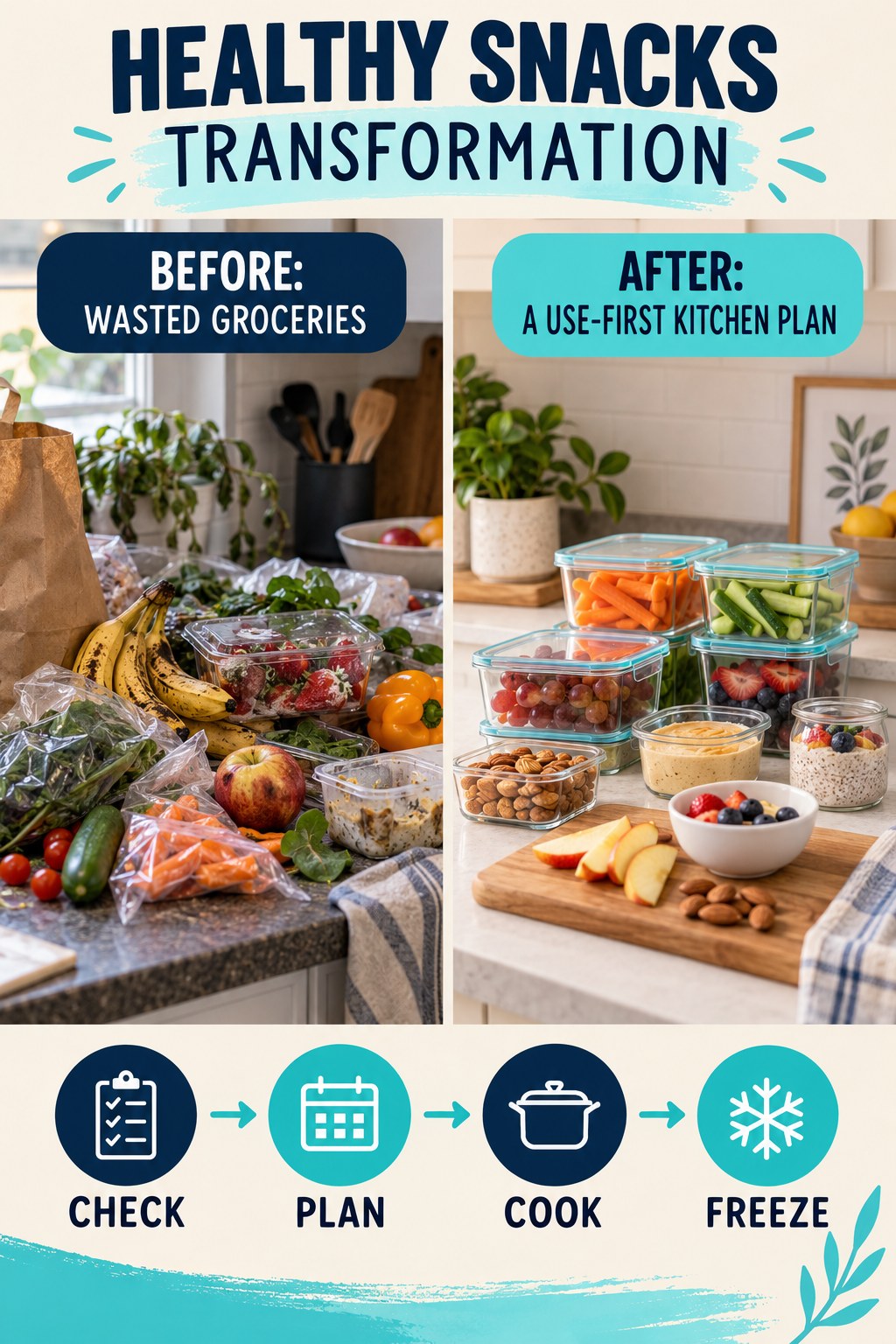 Healthy Snacks habit transformation graphic comparing wasted groceries with a use-first kitchen plan using four practical steps.