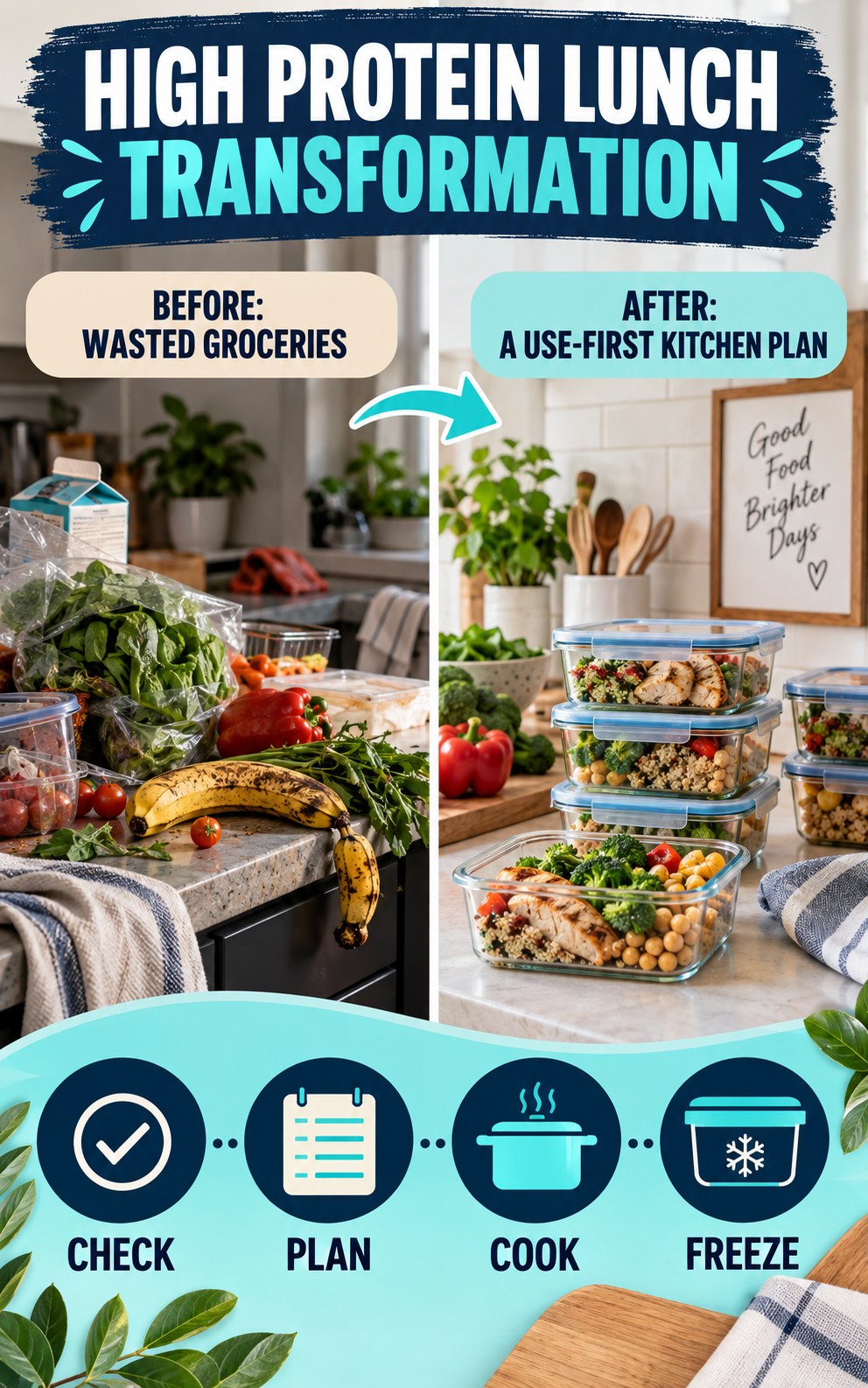 High Protein Lunch habit transformation graphic comparing wasted groceries with a use-first kitchen plan using four practical steps.