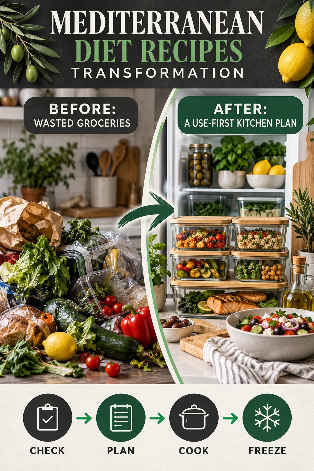 Mediterranean Diet Recipes habit transformation graphic comparing wasted groceries with a use-first kitchen plan using four practical steps.