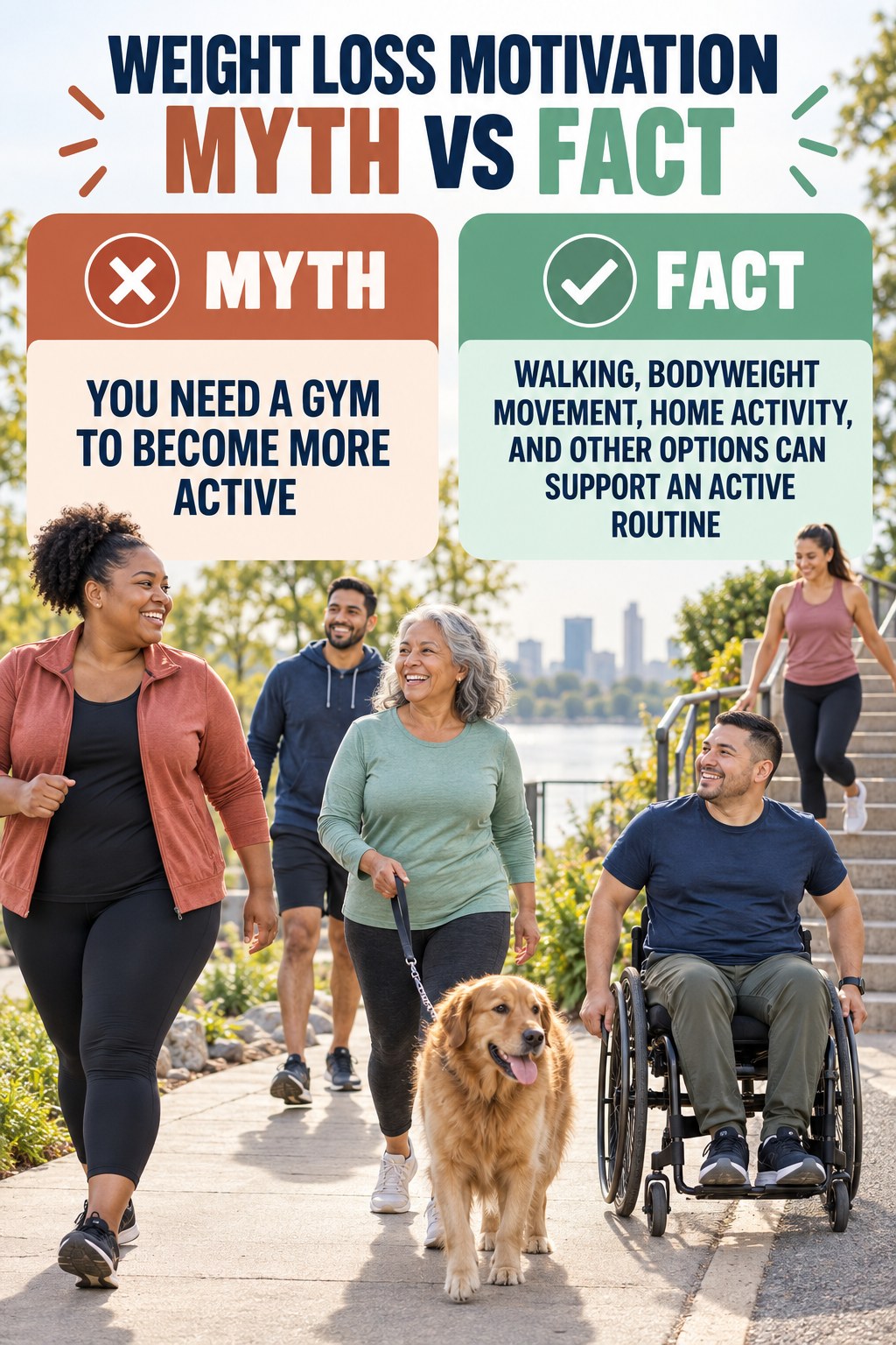 Weight Loss Motivation Myth vs Fact graphic correcting the misconception about accessible activity.