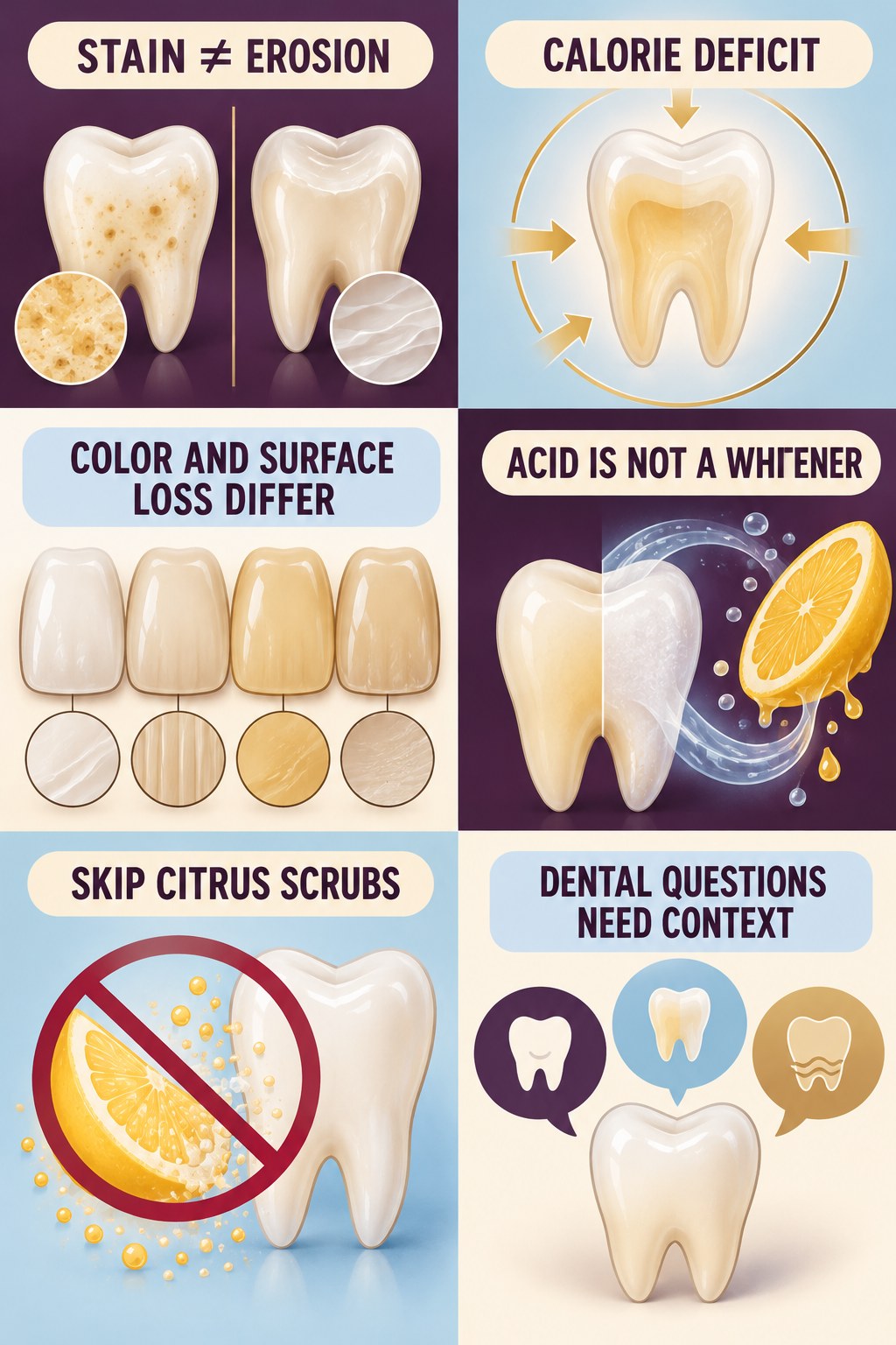 Acid, Erosion, and Stain Are Different infographic for Calorie Deficit with four concise tooth-discoloration safety points.