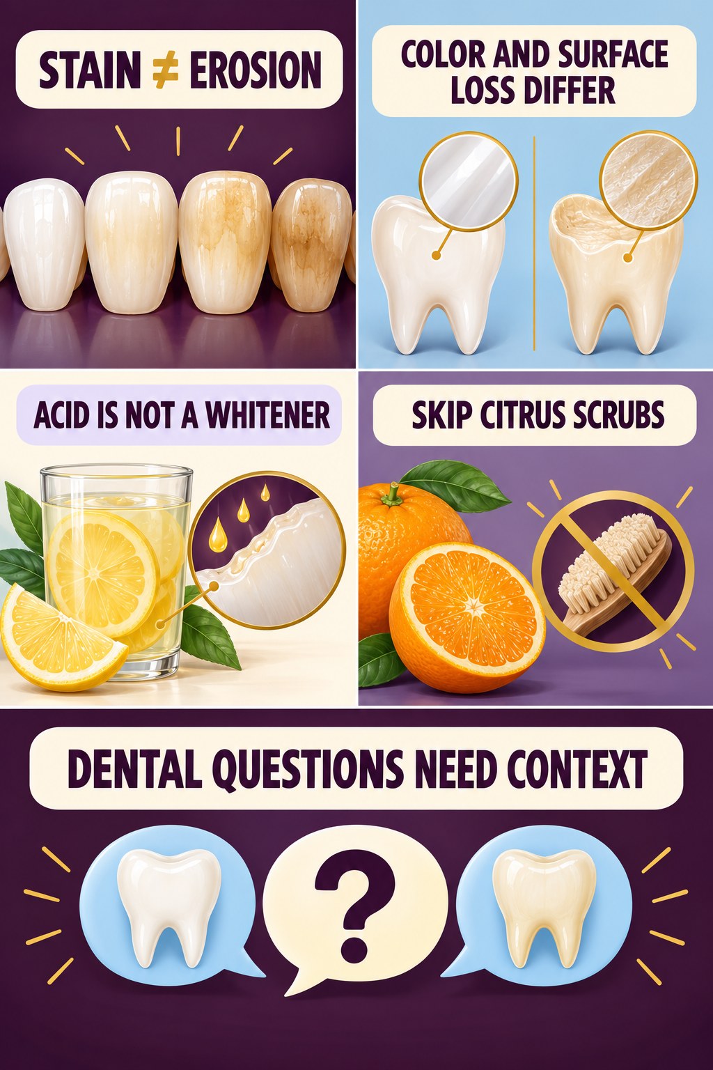 Acid, Erosion, and Stain Are Different infographic for Healthy Breakfast Recipes with four concise tooth-discoloration safety points.
