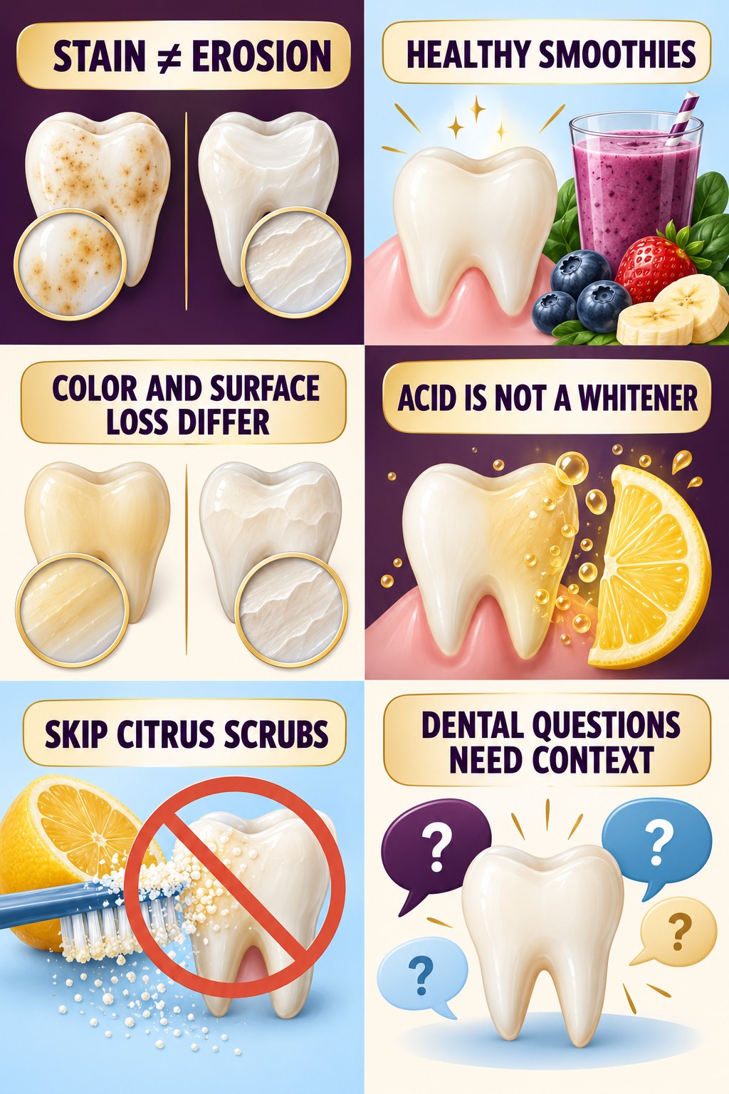 Acid, Erosion, and Stain Are Different infographic for Healthy Smoothies with four concise tooth-discoloration safety points.