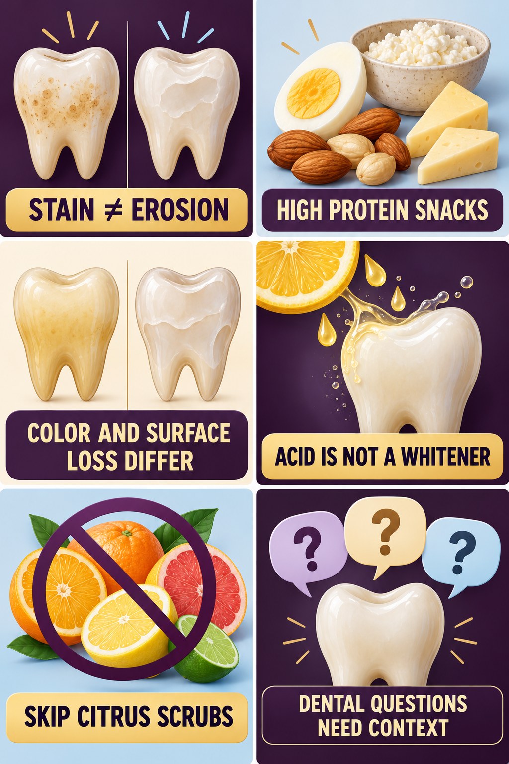 Acid, Erosion, and Stain Are Different infographic for High Protein Snacks with four concise tooth-discoloration safety points.