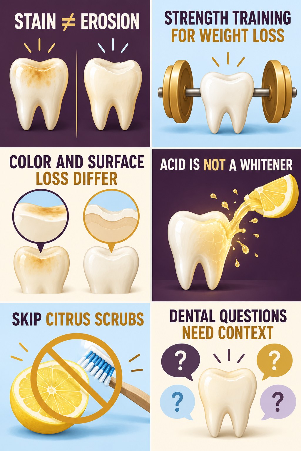 Acid, Erosion, and Stain Are Different infographic for Strength Training for Weight Loss with four concise tooth-discoloration safety points.