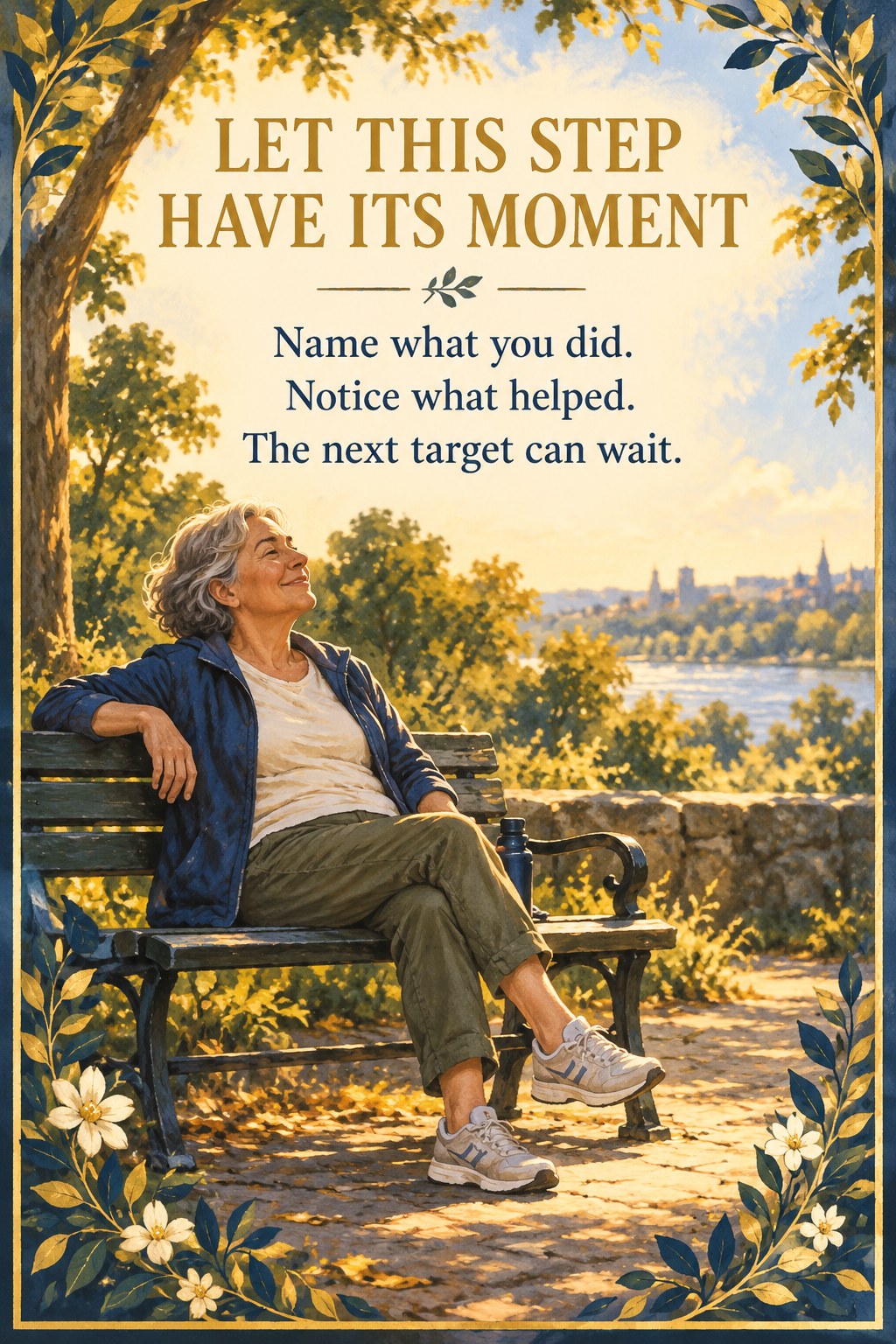 A person resting on a park bench after a comfortable walk, with a simple flower illustration framing the scene.