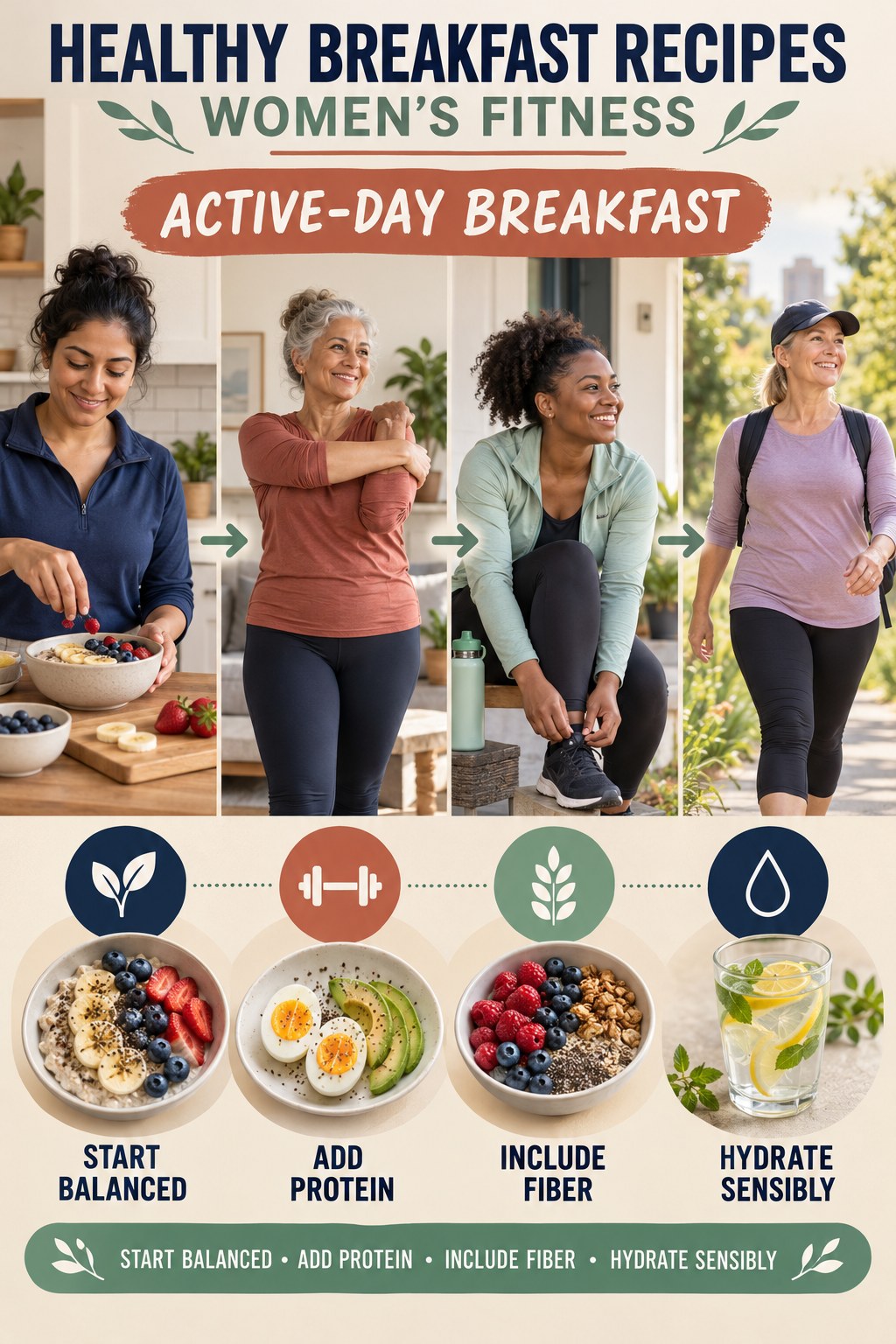 Healthy Breakfast Recipes women’s fitness graphic titled Active-Day Breakfast with four practical training prompts.
