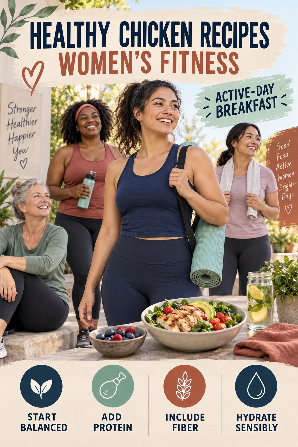 Healthy Chicken Recipes women’s fitness graphic titled Active-Day Breakfast with four practical training prompts.