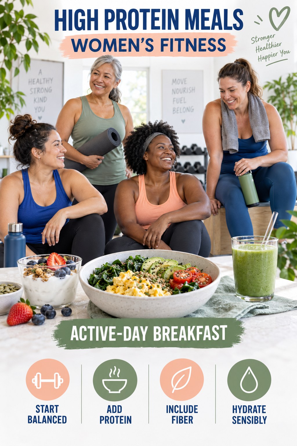 High Protein Meals women’s fitness graphic titled Active-Day Breakfast with four practical training prompts.
