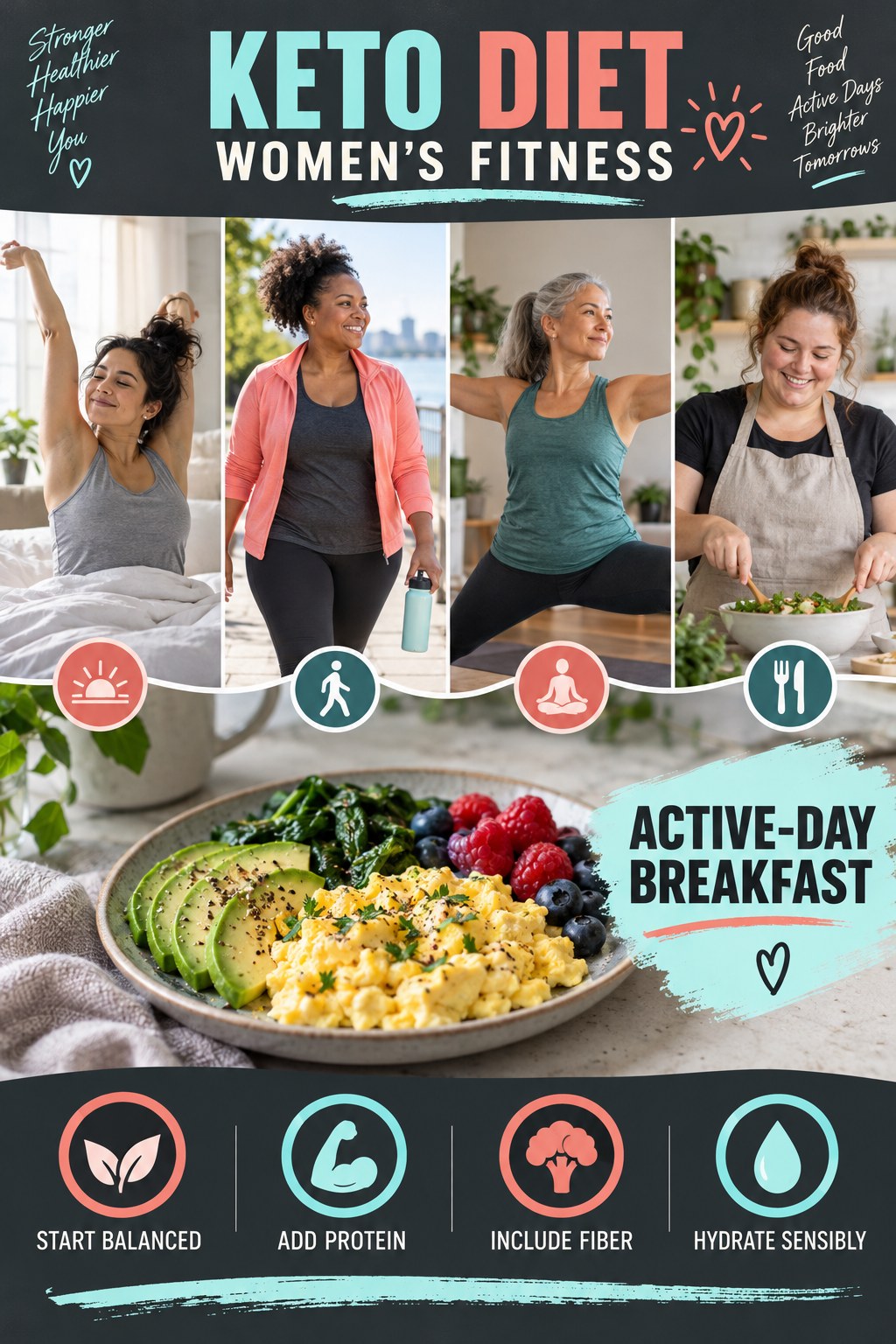 Keto Diet women’s fitness graphic titled Active-Day Breakfast with four practical training prompts.