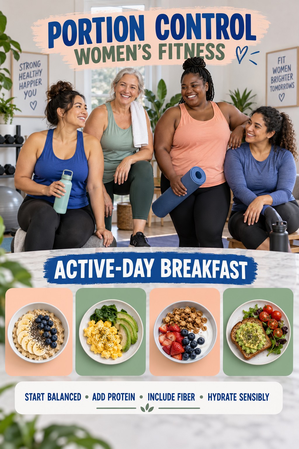 Portion Control women’s fitness graphic titled Active-Day Breakfast with four practical training prompts.