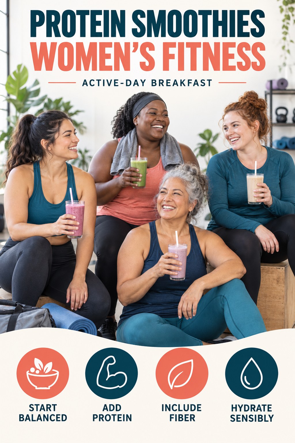 Protein Smoothies women’s fitness graphic titled Active-Day Breakfast with four practical training prompts.