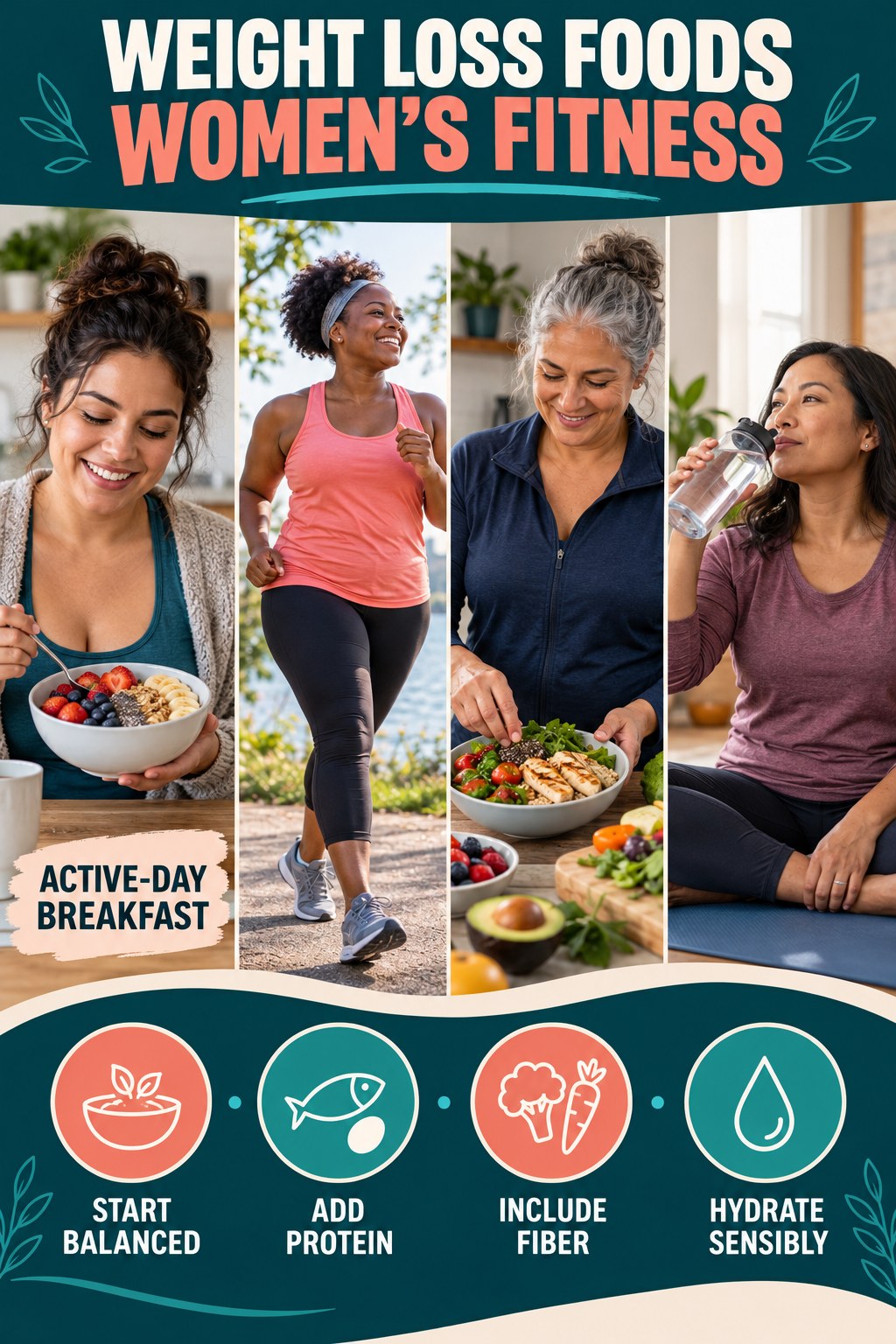 Weight Loss Foods women’s fitness graphic titled Active-Day Breakfast with four practical training prompts.