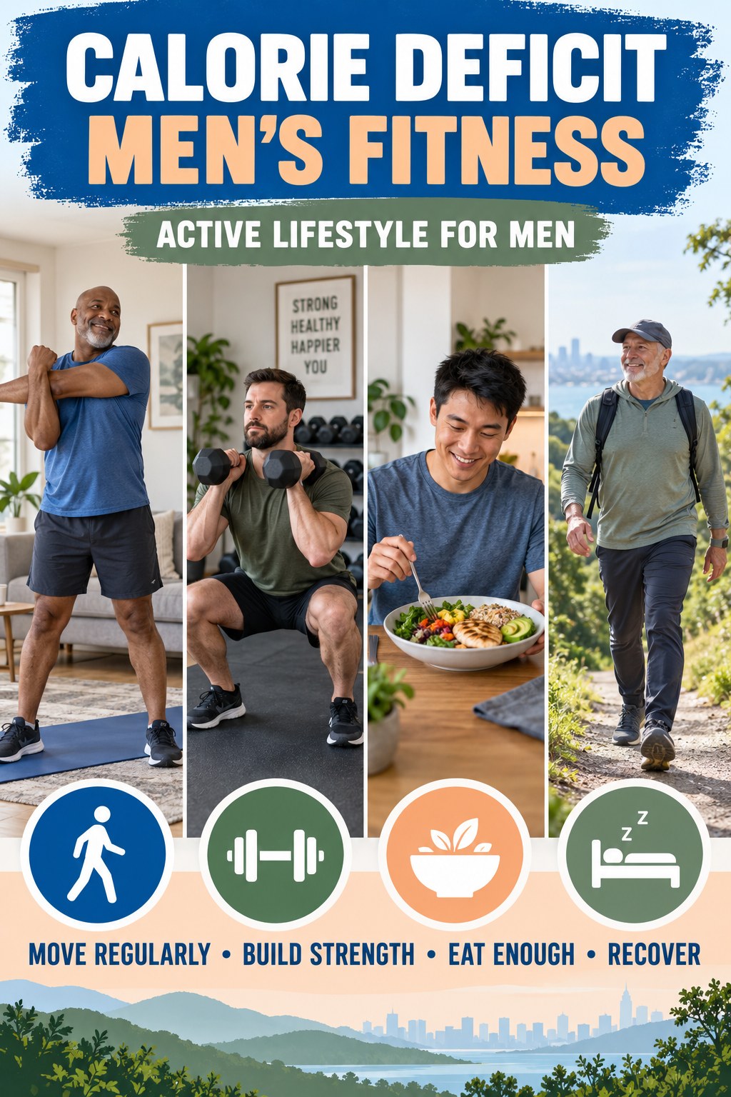 Calorie Deficit men’s fitness graphic titled Active Lifestyle for Men with four practical training prompts.