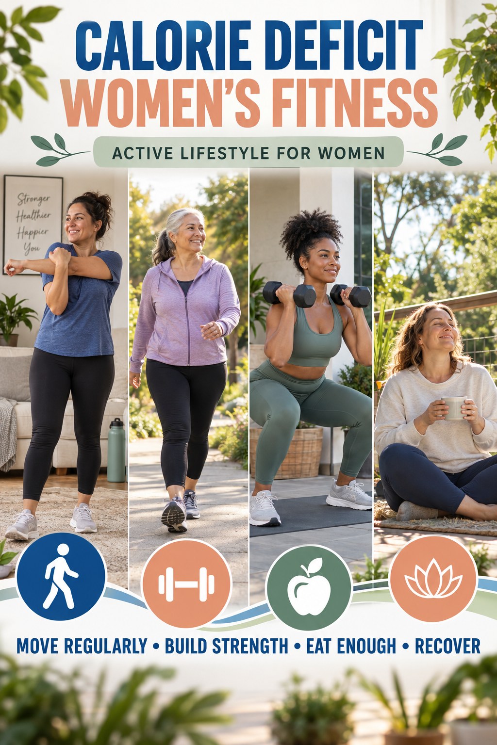 Calorie Deficit women’s fitness graphic titled Active Lifestyle for Women with four practical training prompts.