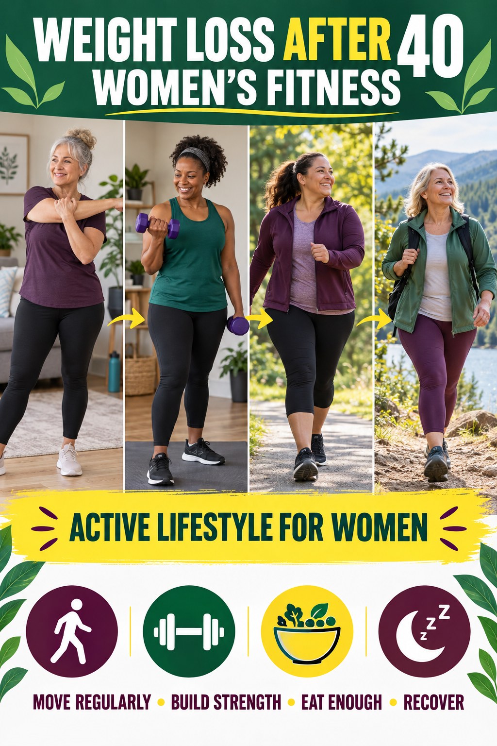 Weight Loss After 40 women’s fitness graphic titled Active Lifestyle for Women with four practical training prompts.