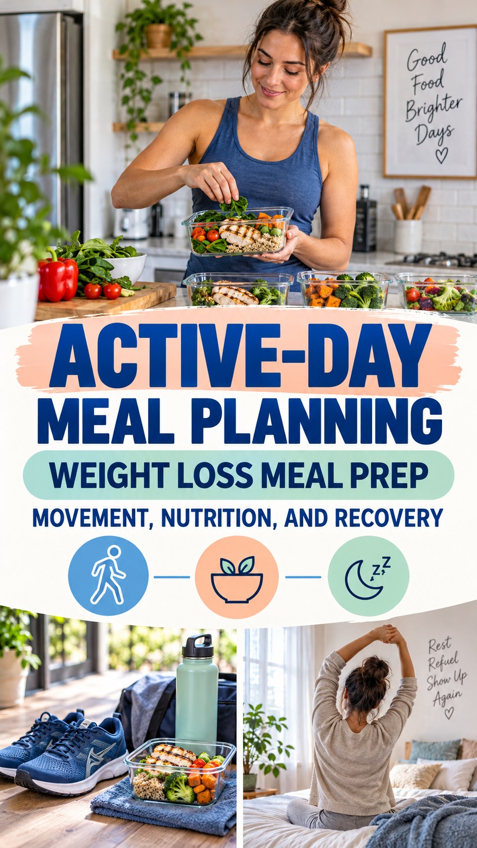 Active-Day Meal Planning infographic for Weight Loss Meal Prep, showing practical metabolism-support habits for an active lifestyle.