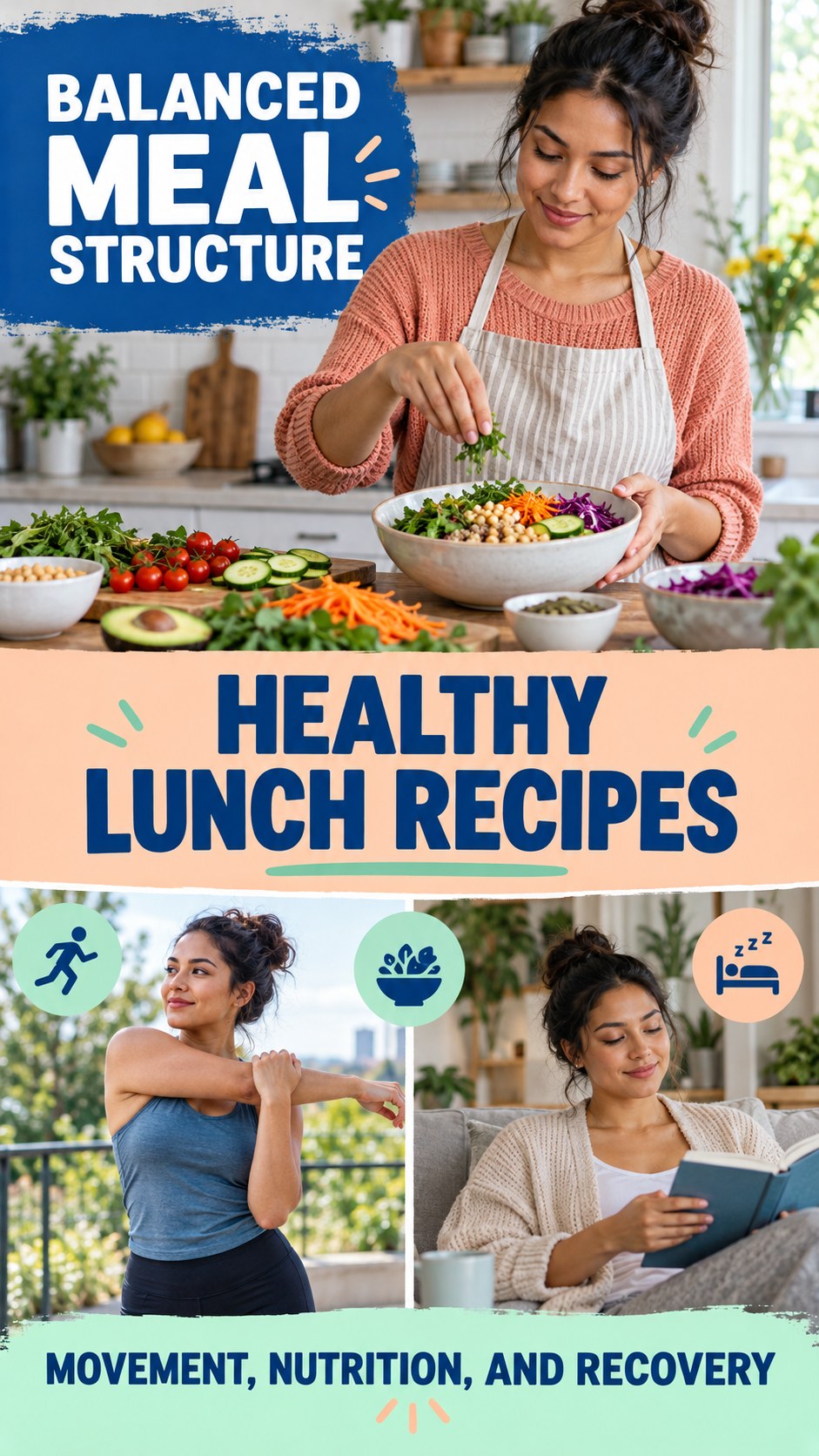 Balanced Meal Structure infographic for Healthy Lunch Recipes, showing practical metabolism-support habits for an active lifestyle.
