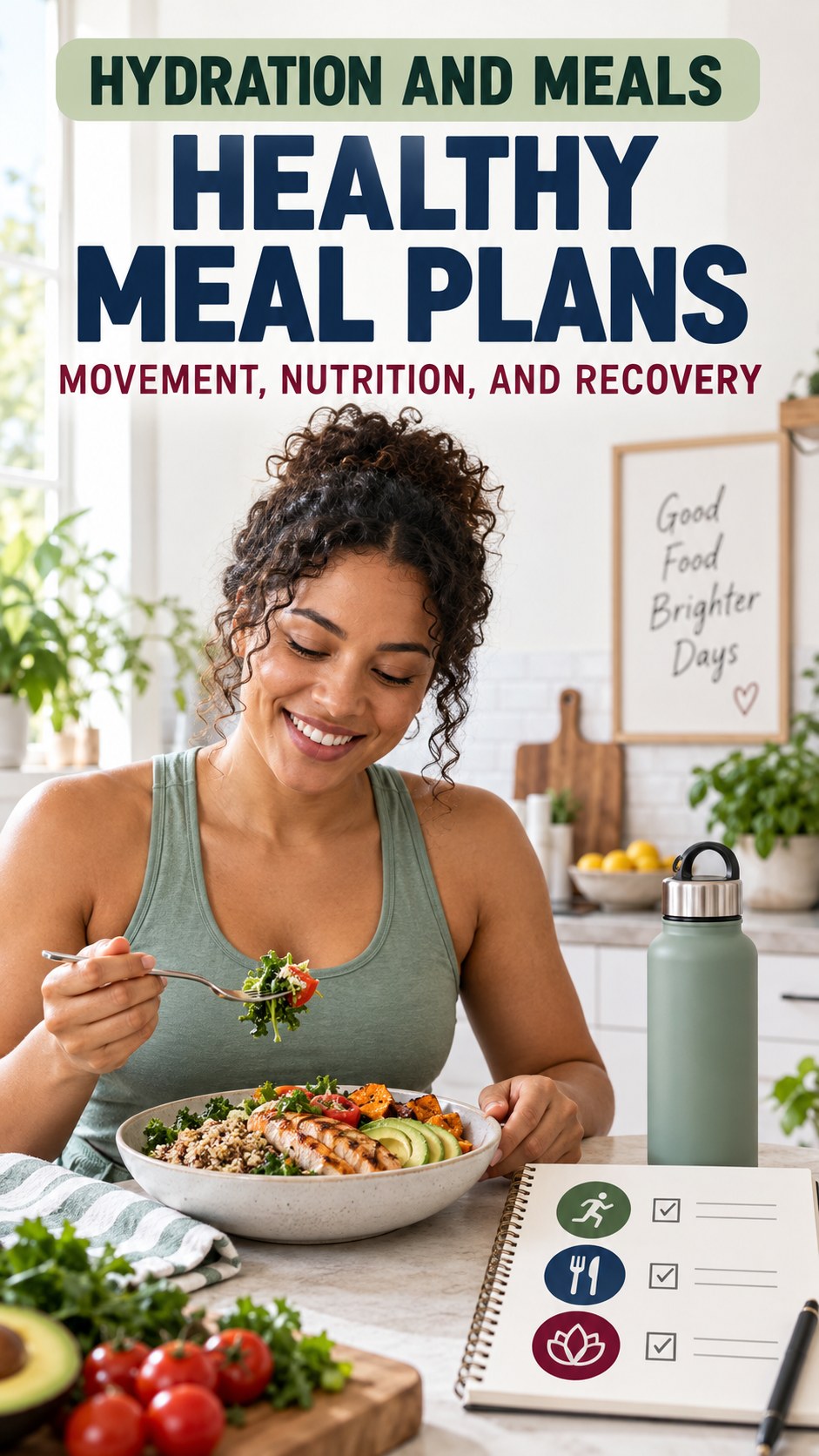 Hydration and Meals infographic for Healthy Meal Plans, showing practical metabolism-support habits for an active lifestyle.