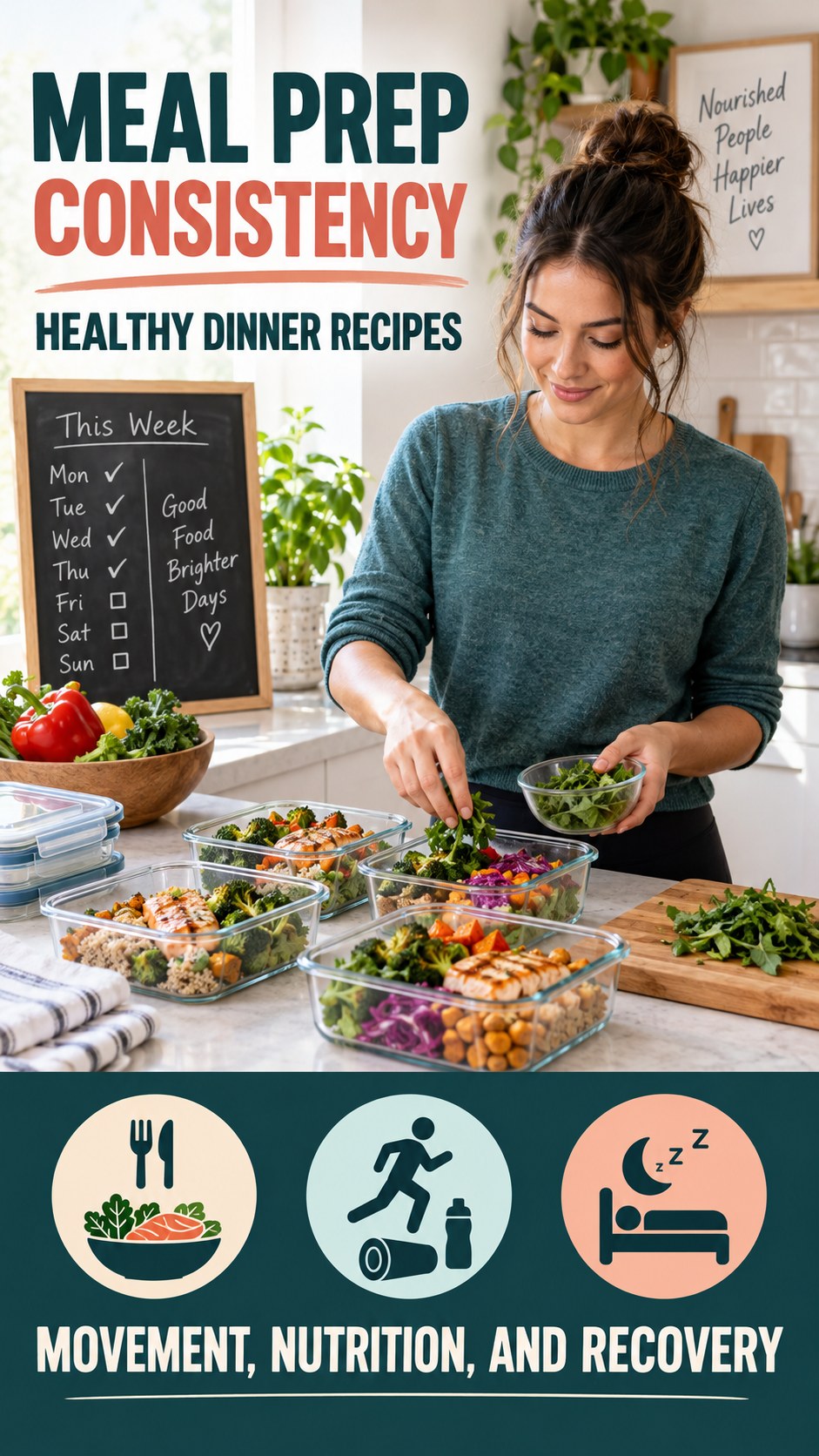 Meal Prep Consistency infographic for Healthy Dinner Recipes, showing practical metabolism-support habits for an active lifestyle.