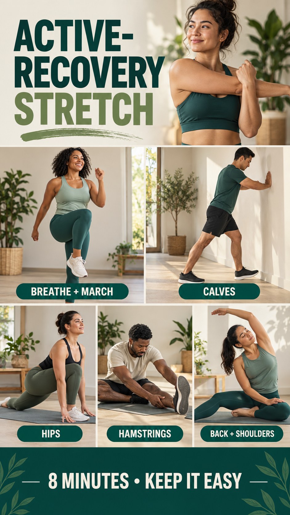 Vertical infographic showing an eight-minute active-recovery stretching routine for a balanced fitness week