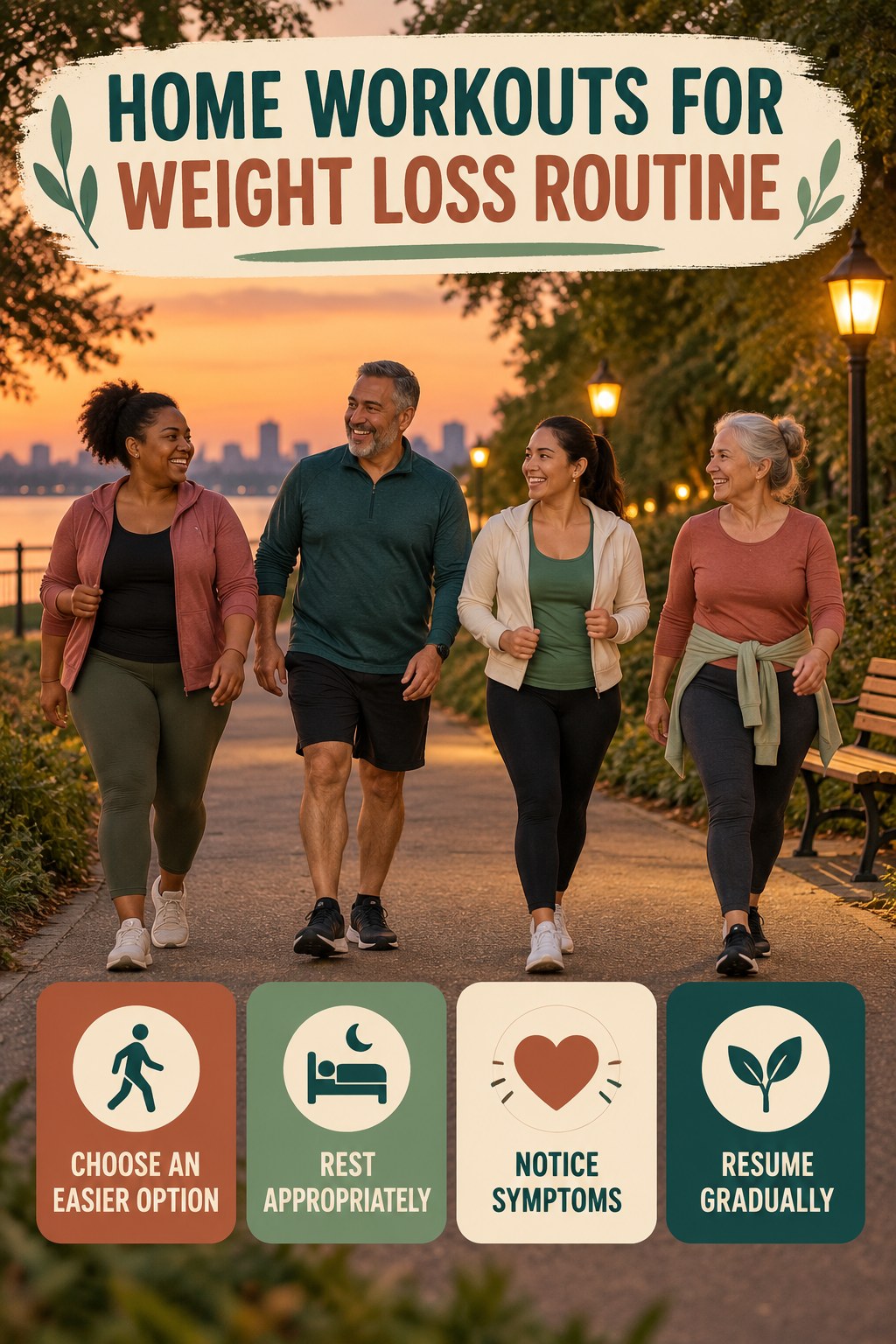 Active Recovery Wellness Routine for Home Workouts for Weight Loss with four readable routine cues and a realistic board-relevant wellness scene.