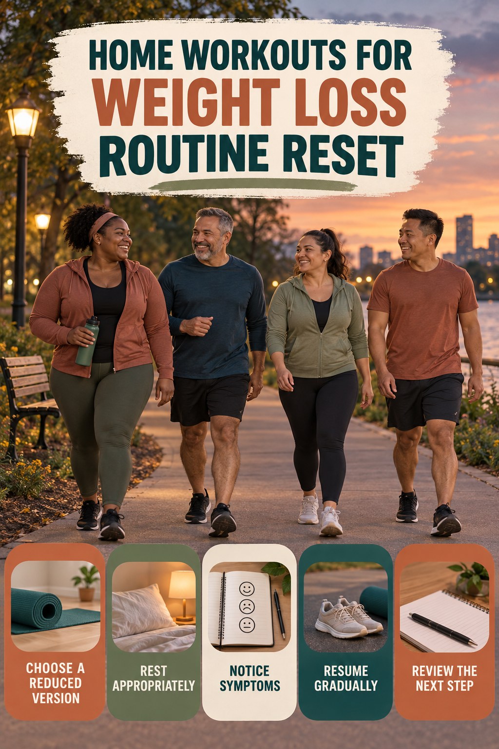 Active Routine Restart for Home Workouts for Weight Loss with five readable routine-reset cues and a realistic board-relevant wellness scene.
