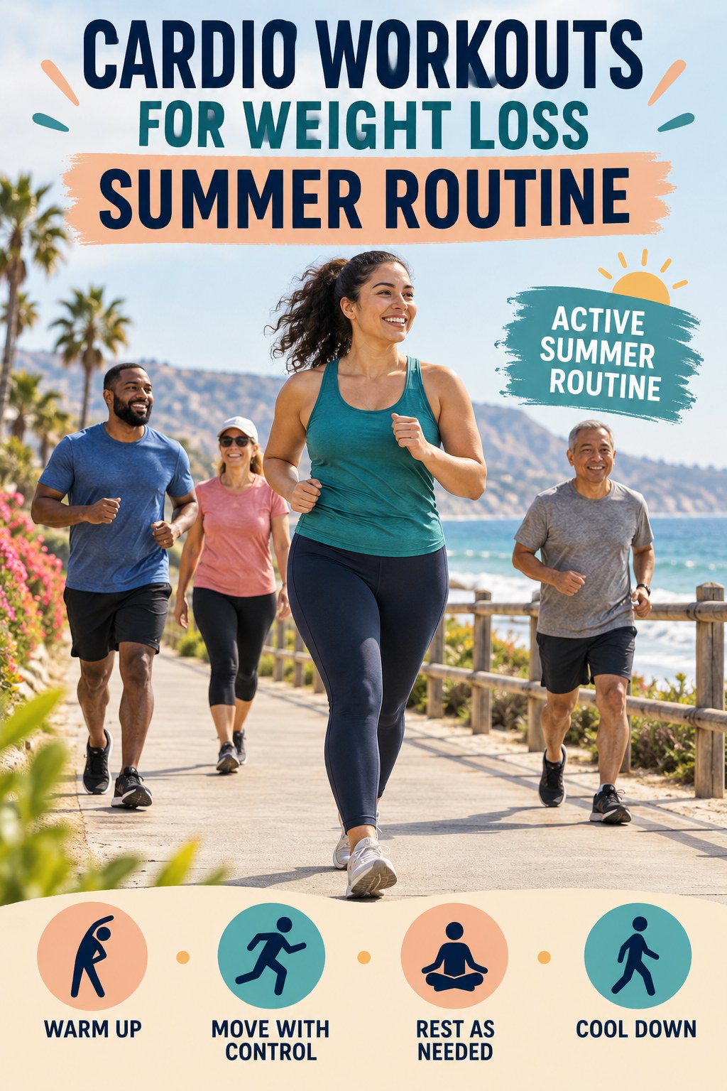 Cardio Workouts for Weight Loss summer routine graphic titled Active Summer Routine with four practical wellness prompts.
