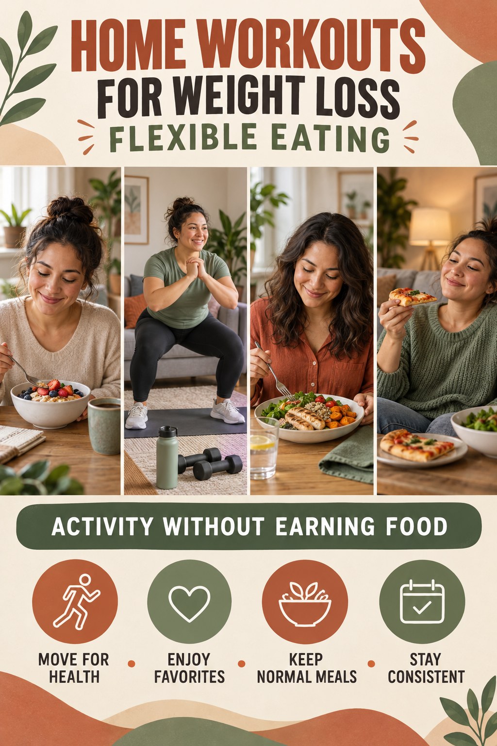 Home Workouts for Weight Loss flexible eating graphic titled Activity Without Earning Food with four practical balance prompts.