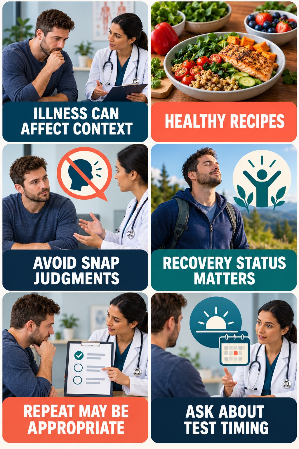 Acute Illness Can Complicate Interpretation testosterone-health-awareness infographic for Healthy Recipes with four concise educational checks.