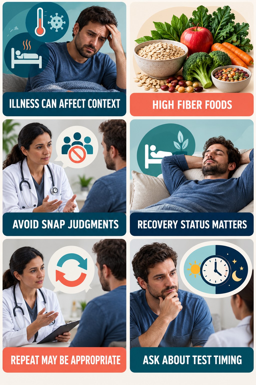 Acute Illness Can Complicate Interpretation testosterone-health-awareness infographic for High Fiber Foods with four concise educational checks.