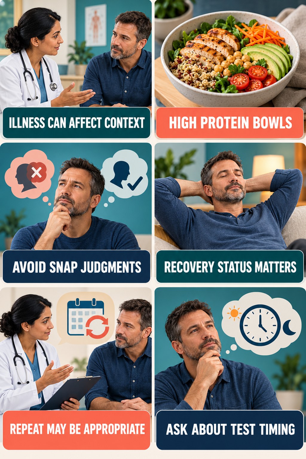 Acute Illness Can Complicate Interpretation testosterone-health-awareness infographic for High Protein Bowls with four concise educational checks.